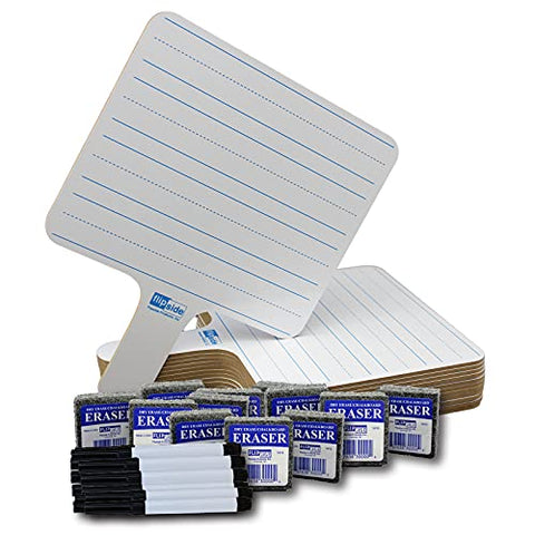 Flipside Products Rectangular Lined Double Sided Dry Erase Answer Paddle + Pens + Erasers - class pack 12