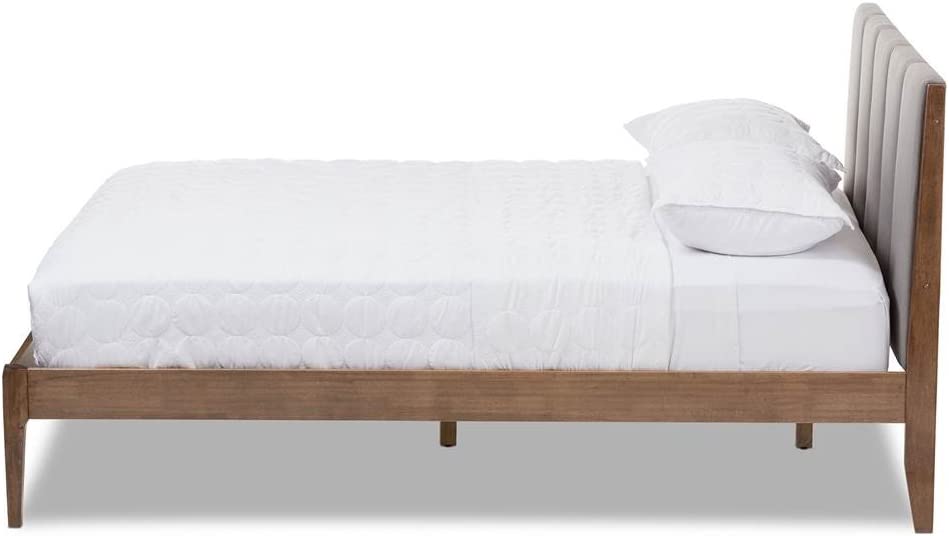 Baxton Studio Ember Mid-Century Dark Grey Fabric and Medium Brown Finish Wood Queen Size Platform Bed