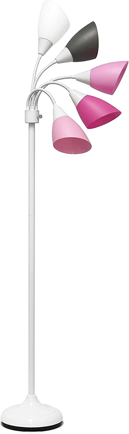 Simple Designs LF2006-WPG 67" Contemporary Multi Head Medusa 5 Light Adjustable Gooseneck White Floor Lamp with Pink, White, Gray Shades for Kids Bedroom Playroom Living Room Office