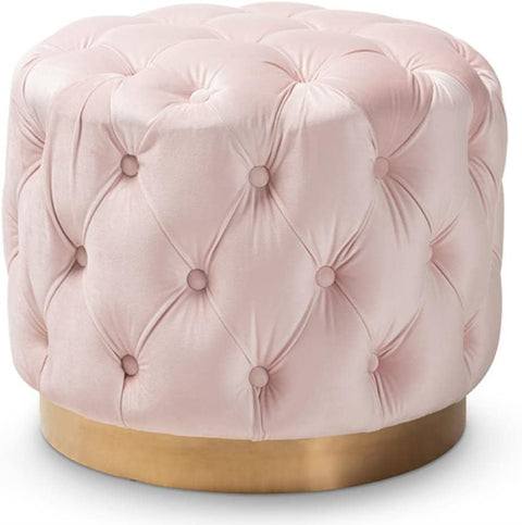 Baxton Studio Valeria Glam Light Pink Velvet Fabric Upholstered Gold-Finished Button Tufted Ottoman