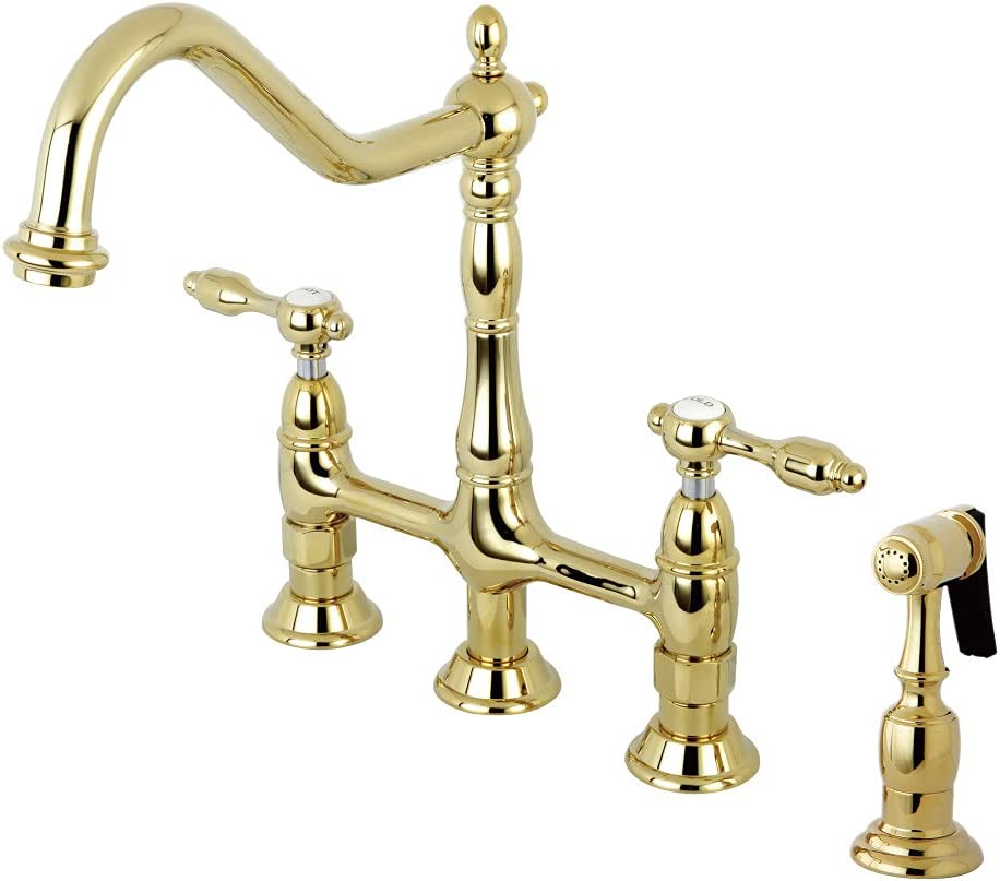 Kingston Brass KS1271TALBS Tudor 8 Inch Center Kitchen Faucet With Brass Sprayer, Polished Chrome, 8-3/4 inch in Spout Reach, Polished Chrome