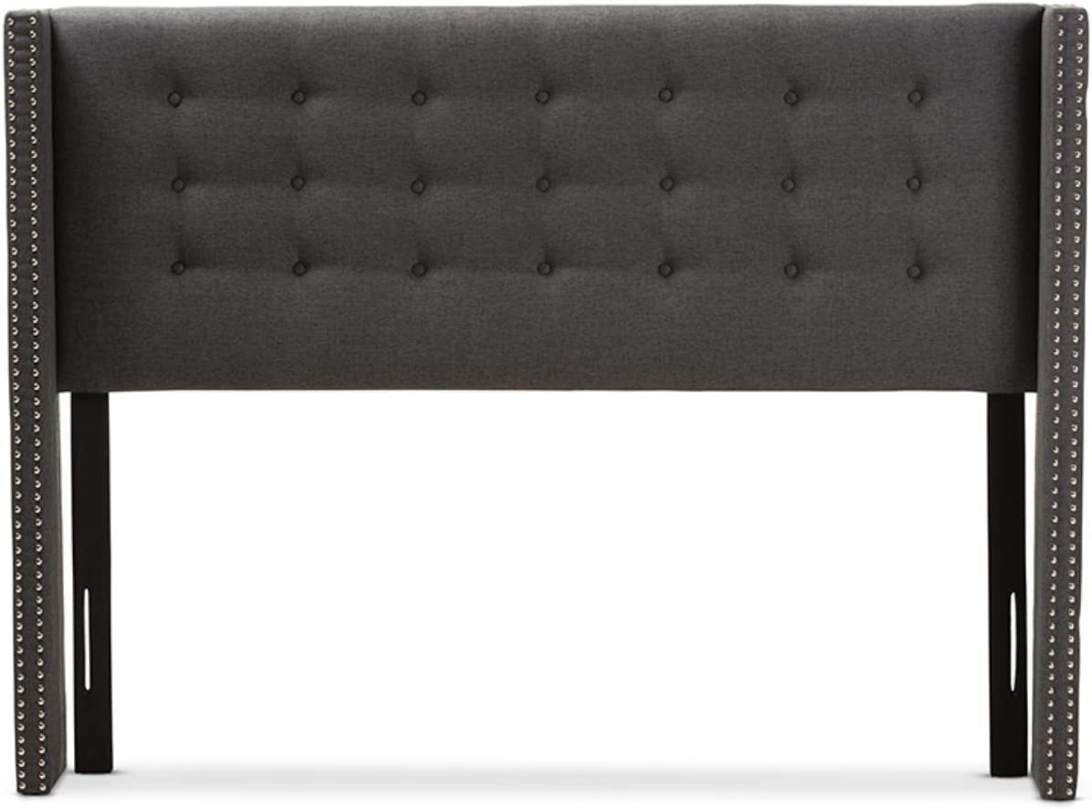 Baxton Studio Ginaro Modern and Contemporary Dark Grey Fabric Button-Tufted Nail Head Queen Size Winged Headboard Contemporary/Dark Grey/Fabric Polyester 100%&#34;/LVL/MDF/Foam/