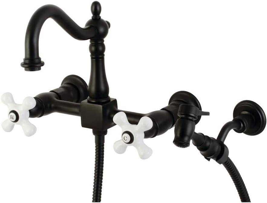 Kingston Brass KS1260PXBS Heritage Bridge Kitchen Faucet, Matte Black