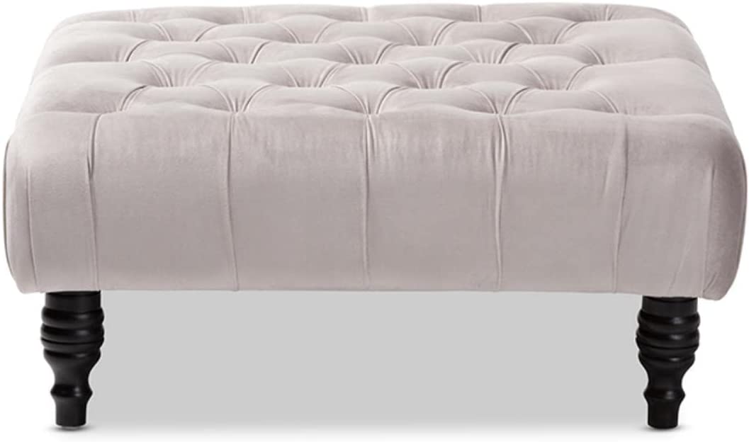 Velvet Fabric Button Tufted Cocktail Ottoman in Gray