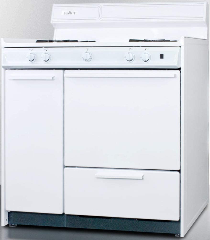 Summit Appliance WNM4307 36&#34; Wide Gas Range in White with Electronic Ignition, Side Storage Cabinet, Broiler Drawer, Broiler Tray, Recessed Oven Door