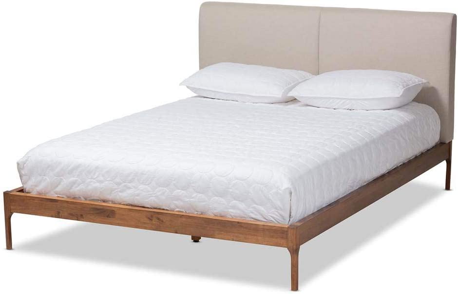 Baxton Studio Aveneil Mid-Century Modern Beige Fabric Upholstered Walnut Finished Full Size Platform Bed