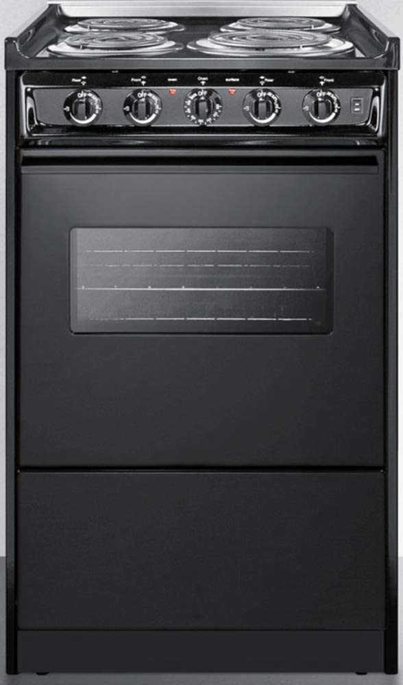 Summit Appliance TEM110CRW 20&#34; Wide Slide-In Electric Range in Black with Oven Window, Light and Lower Storage Compartment, Chrome Drip Pans, Waist-High Broiler, Porcelain Construction