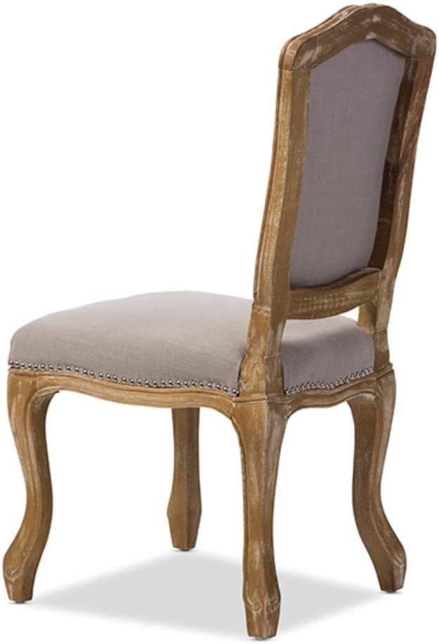 Baxton Studio Chateauneuf French Vintage Cottage Weathered Oak Linen Upholstered Dining Side Chair, Medium, Beige