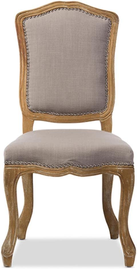 Baxton Studio Chateauneuf French Vintage Cottage Weathered Oak Linen Upholstered Dining Side Chair, Medium, Beige