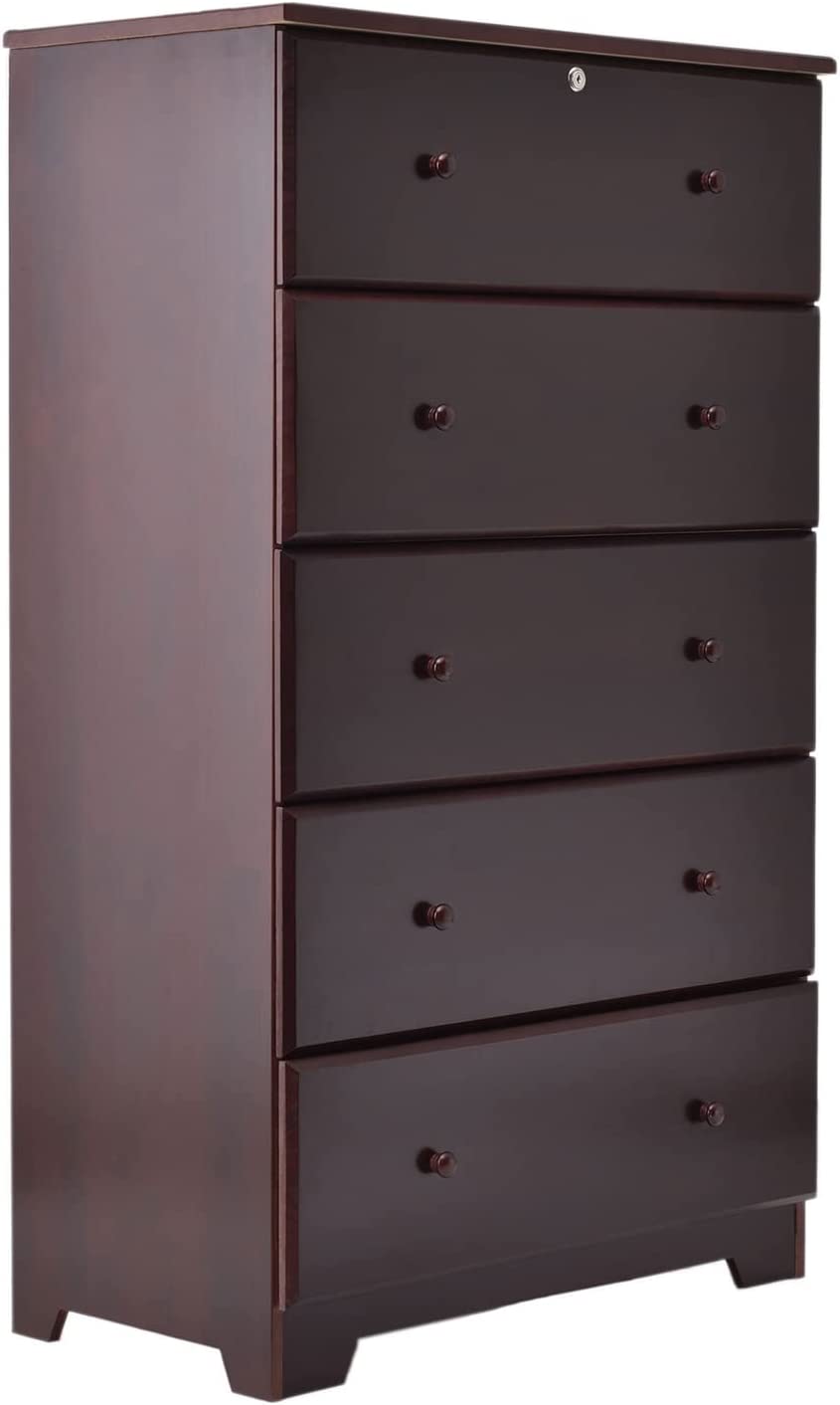 Better Home Products Isabela Solid Pine Wood 5 Drawer Chest Dresser in Mahogany