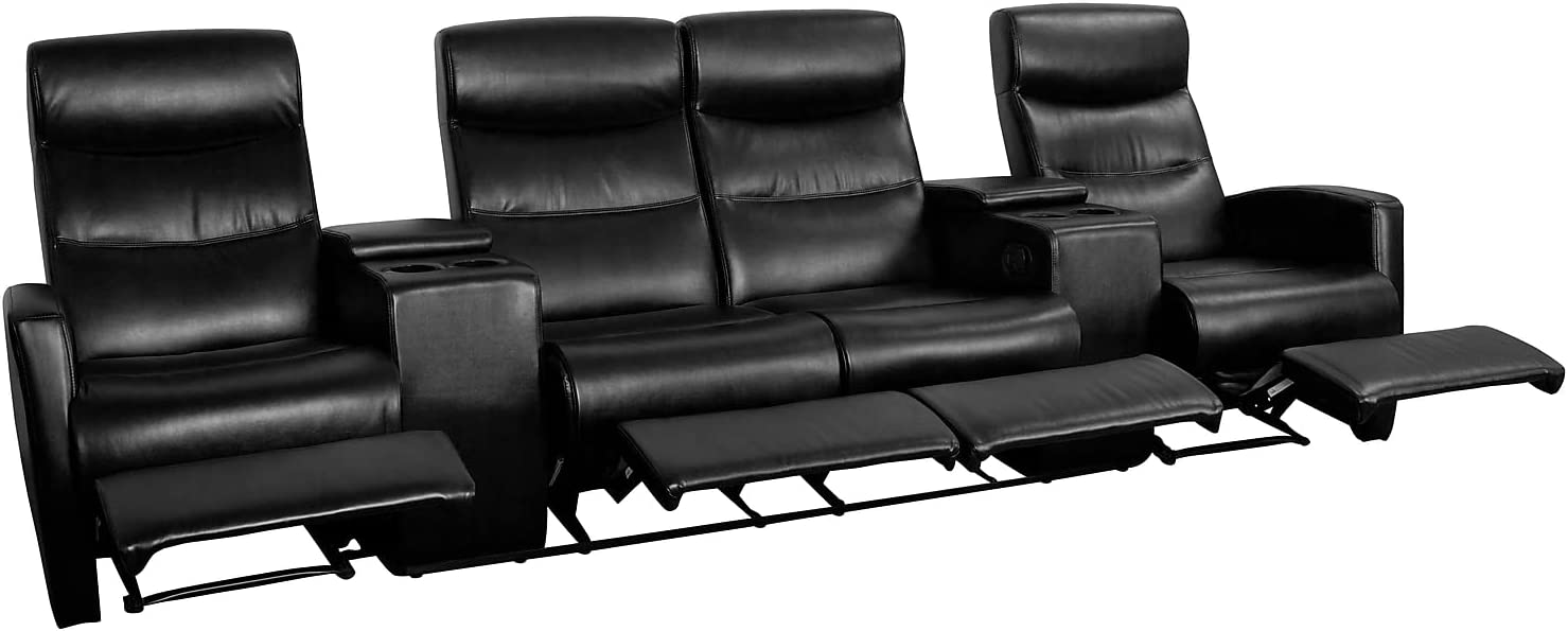 Flash Furniture Anetos Series 4-Seat Reclining Black LeatherSoft Theater Seating Unit with Cup Holders