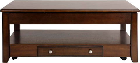 Paseo 48 in. Dark Cherry Rectangular Wood Coffee Table With Lift-Top and Functional Drawer on Casters