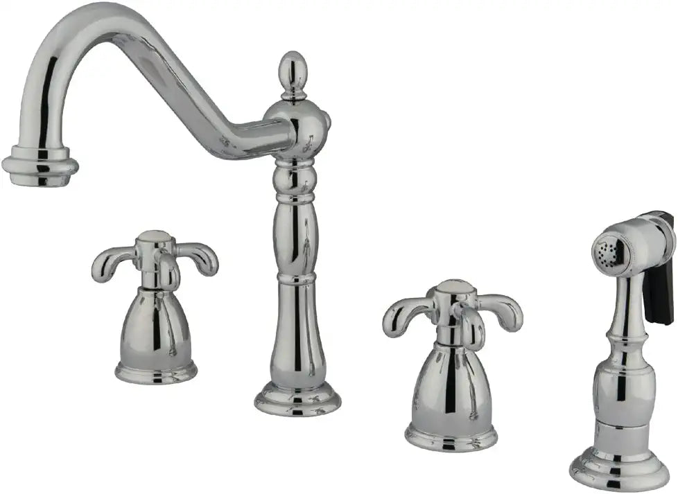 Kingston Brass KB1792TXBS French Country Widespread Kitchen Faucet with Brass Sprayer, Polished Brass