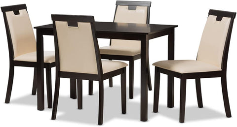 Baxton Studio Evelyn Modern and Contemporary Beige Faux Leather Upholstered and Dark Brown Finished 5-Piece Dining Set Beige//Medium Wood/Contemporary/Table/Faux Leather/Solid Rubber Wood/Foam