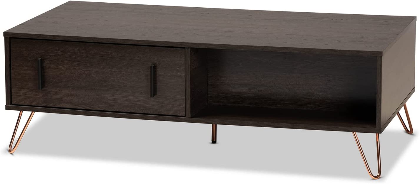 Baxton Studio Baldor Modern and Contemporary Dark Brown Finished Wood and Rose Gold-Tone Finished Metal 2-Drawer Coffee Table