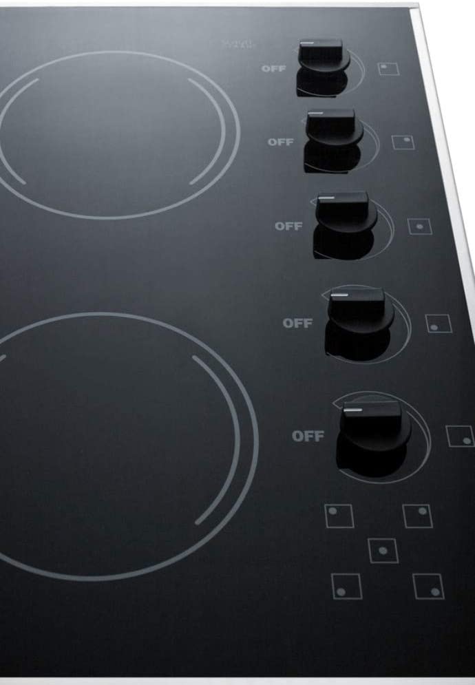 Summit Appliance CR5B273B 27&#34; Wide 230V 5-Burner Radiant Cooktop in Smooth Black Ceramic Glass Surface, Stainless Steel Trim, Push-to-turn Knobs, Indicator Lights, E.G.O. Burners