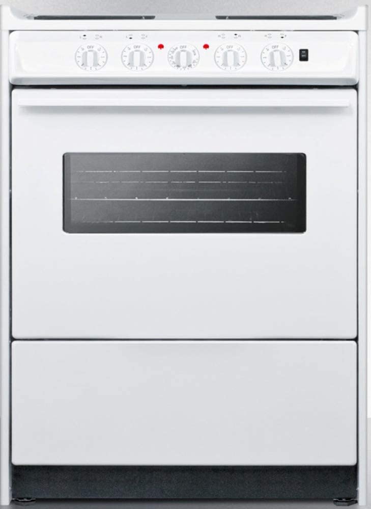 Summit WEM610RW 24&#34;&#34; Slide-In Electric Range with 4 Elements Waist High Broil Oven Racks Chrome Drip Pans Indicator Lights and Push-To-Turn Burner Knobs in White