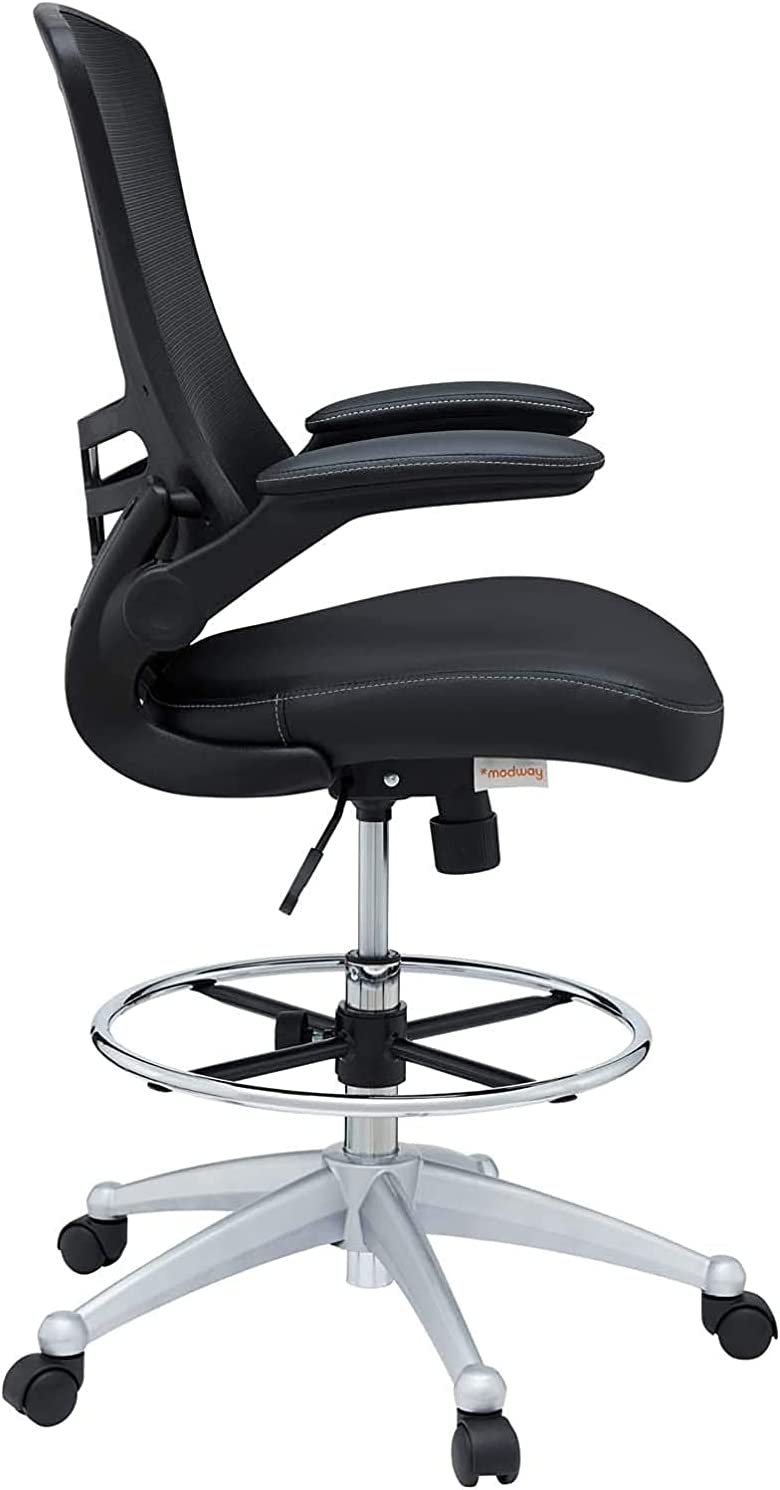 Modway Attainment Vinyl Drafting Chair - Drafting Stool With Flip-Up Arm in Black