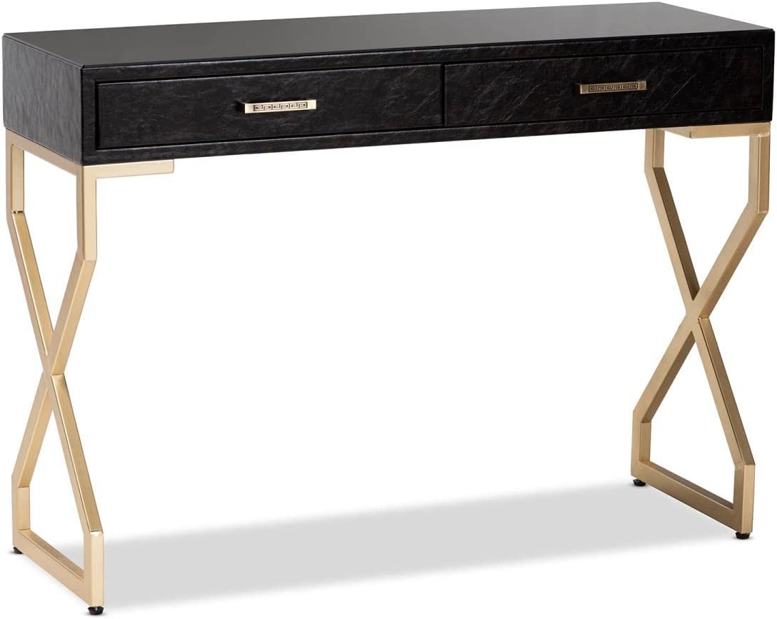 Baxton Studio Carville Modern and Contemporary Dark Brown Faux Leather Upholstered Gold Finished 2-Drawer Console Table