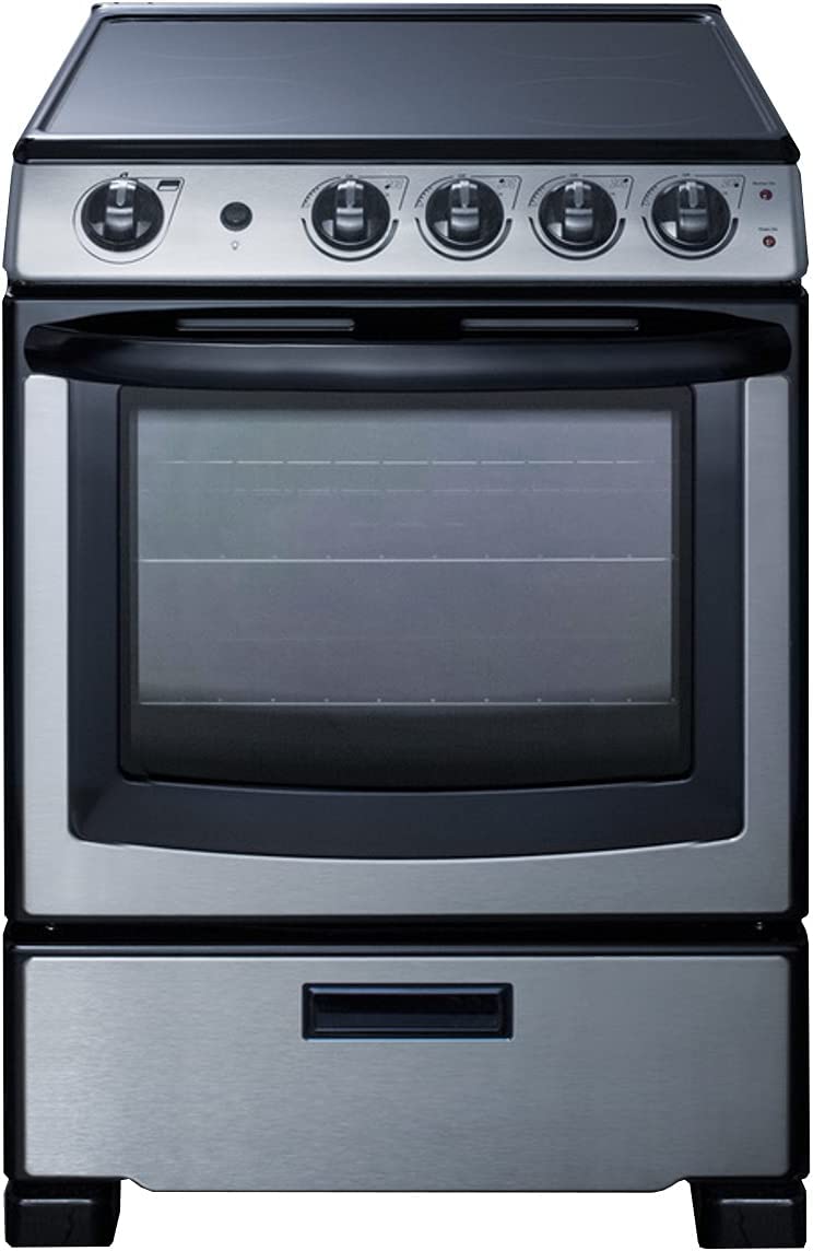 Summit Appliance REX2451SSRT 24&#34; Wide Electric Smooth-Top Range, Ceramic Glass Top, Waist-High Broiler, 4 Cooking Zones, Adjustable Racks, Push-To-Turn Knobs, Stainless Steel Finish