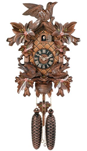 Eight Day Cuckoo Clock with Hand-painted Flowers Leaves and Animated Birds Feeding Baby Birds