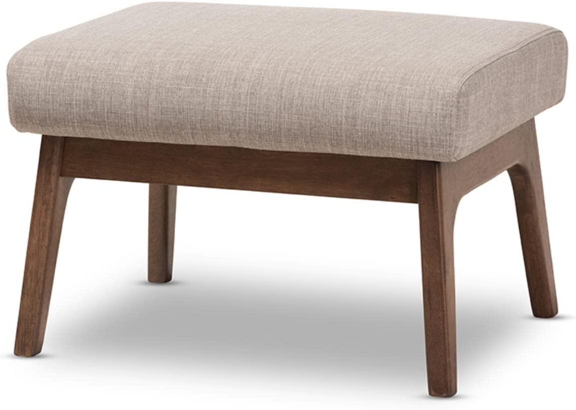 Baxton Studio Bianca Mid-Century Wood Ottoman/Mid-Century/Fabric Polyester 100%&#34;/Rubber Wood/Light Grey/Walnut Brown