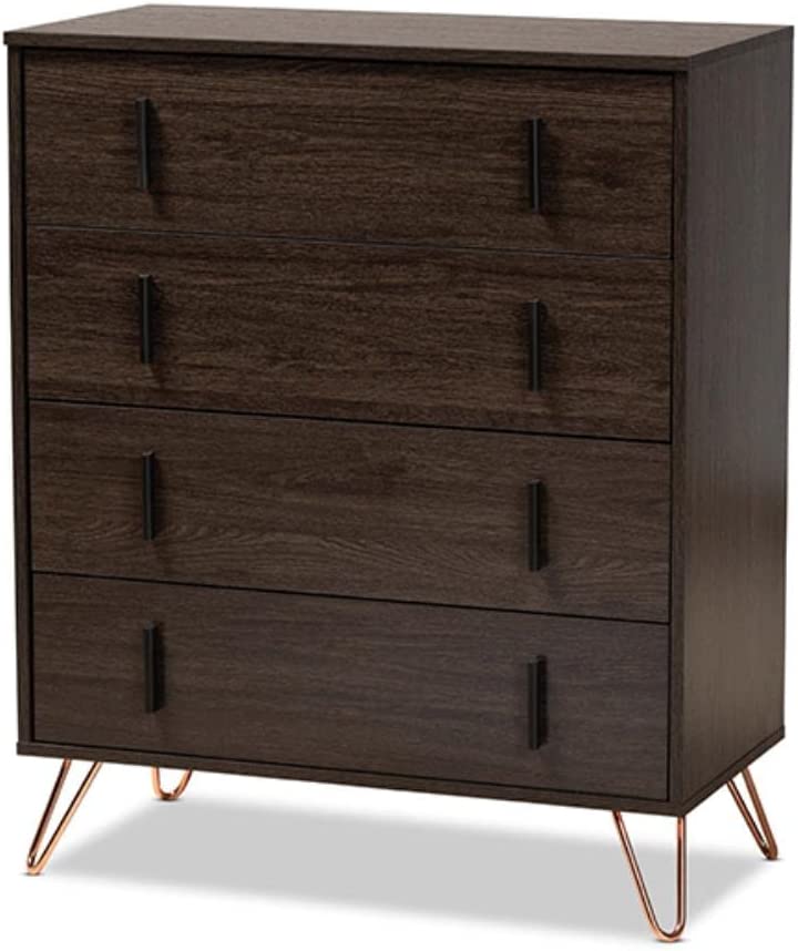 Baxton Studio Baldor Modern and Contemporary Dark Brown Finished Wood and Rose Gold Finished Metal 4-Drawer Bedroom Chest
