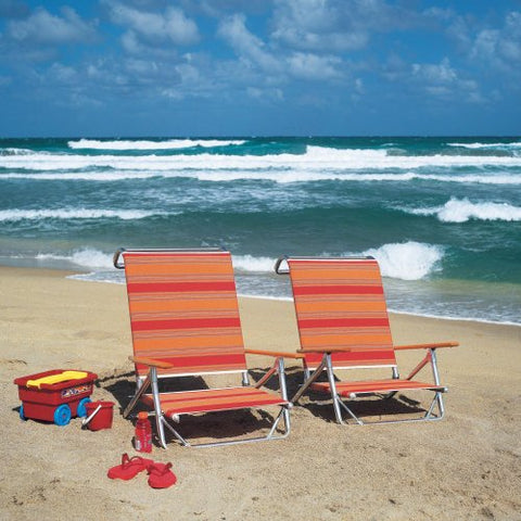 Set of 2 Telescope Casual Original Mini-Sun Chaise Folding Beach Arm Chairs With Blue/White Stripe Fabric