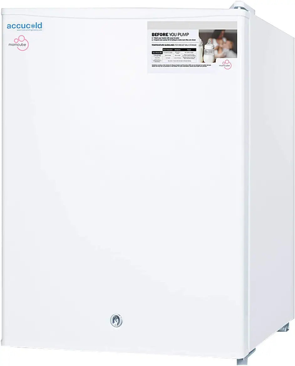 AccuCold FSLMC 19 MOMCUBE Countertop Breast Milk Freezer with 1.8 cu. ft. Capacity Manual Defrost Factory Installed Lock and Reversible Door in White