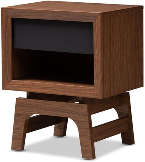 Baxton Studio Svante Mid-Century Modern Walnut Brown and Dark Gray Finished Wood 1-Drawer Nightstand
