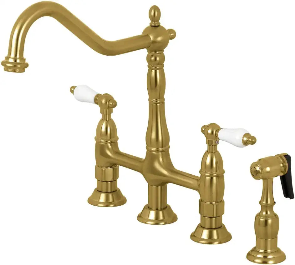 Kingston Brass KS1277PLBS Heritage 8-Inch Center Kit Bridge Faucet with Brass Sprayer, Brushed Brass