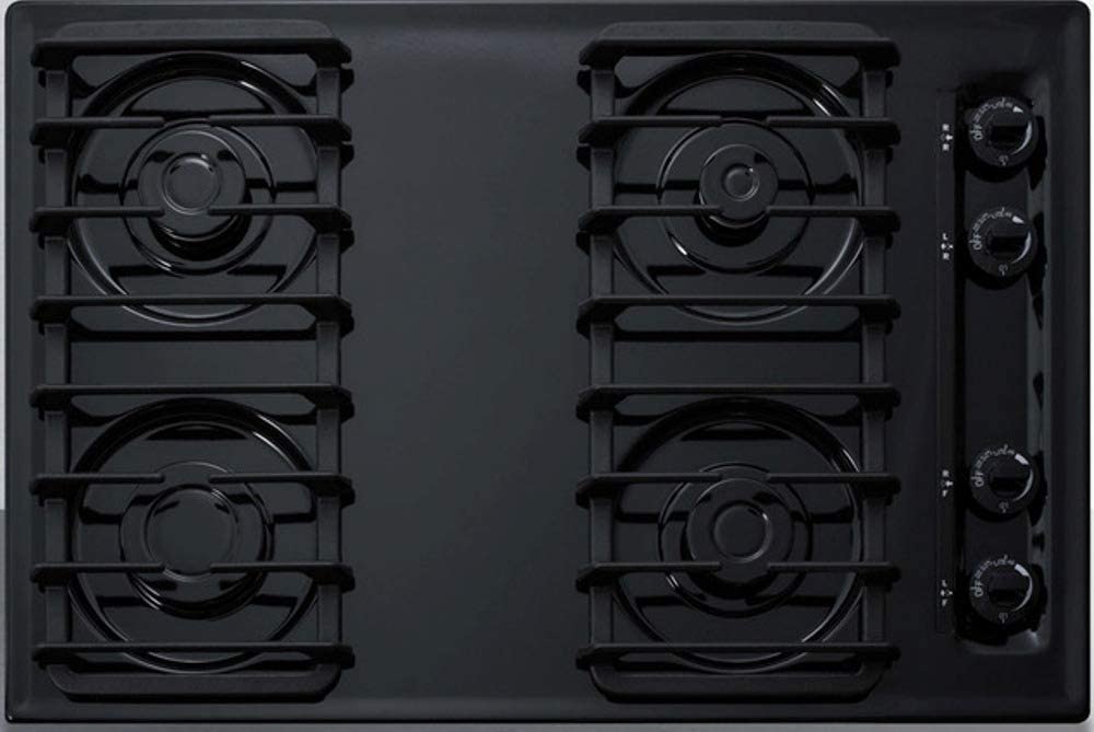 Summit Appliance TTL053S 30&#34; Wide Sealed 4-Burner Gas Cooktop in Black with Cast Iron Grates and Electronic/Gas Spark Ignition, Porcelain Cooking Surface, Push-to-turn Knobs, Recessed Top