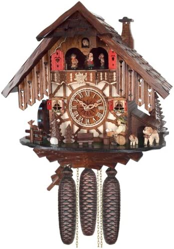 Eight Day Musical Cuckoo Clock Cottage with Beer Drinker and Moving Waterwheel
