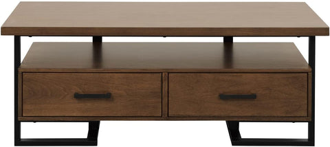 Pratt 48 in. Walnut and Rustic Black Metal Rectangular Wood Coffee Table with 2 Functional Drawers