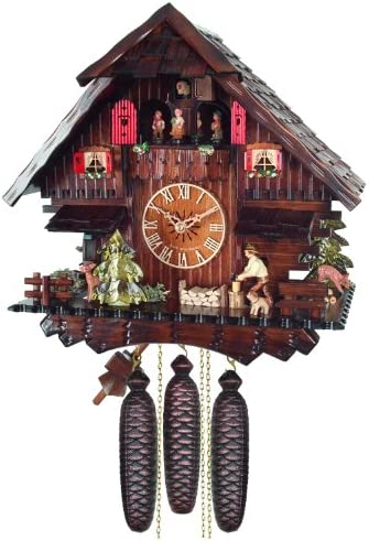 Eight Day Musical Cuckoo Clock Cottage with Man Chopping Wood and Moving Waterwheel