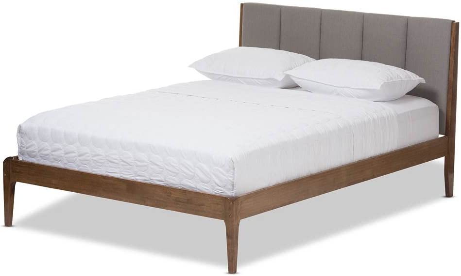 Baxton Studio Ember Mid-Century Light Grey Fabric and Medium Brown Finish Wood Queen Size Platform Bed