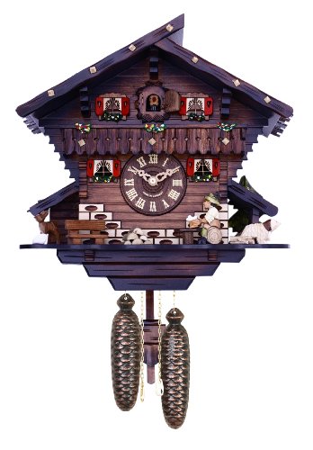 Eight Day Chalet Cuckoo Clock with Carved Deer Dog and Beer Drinker Drinking Beer - 12 Inches Tall