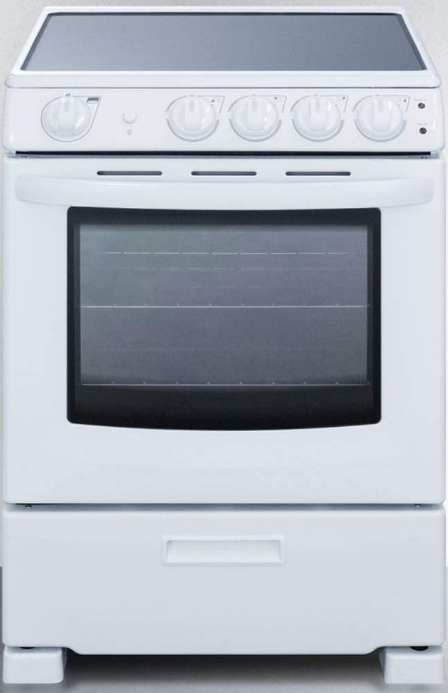 Summit REX2421WRT 24 Electric Range with 4 Elements Ceramic Glass Cooktop 2.9 cu. ft. Oven Capacity Storage Drawer Adjustable Racks ADA Compliant in White