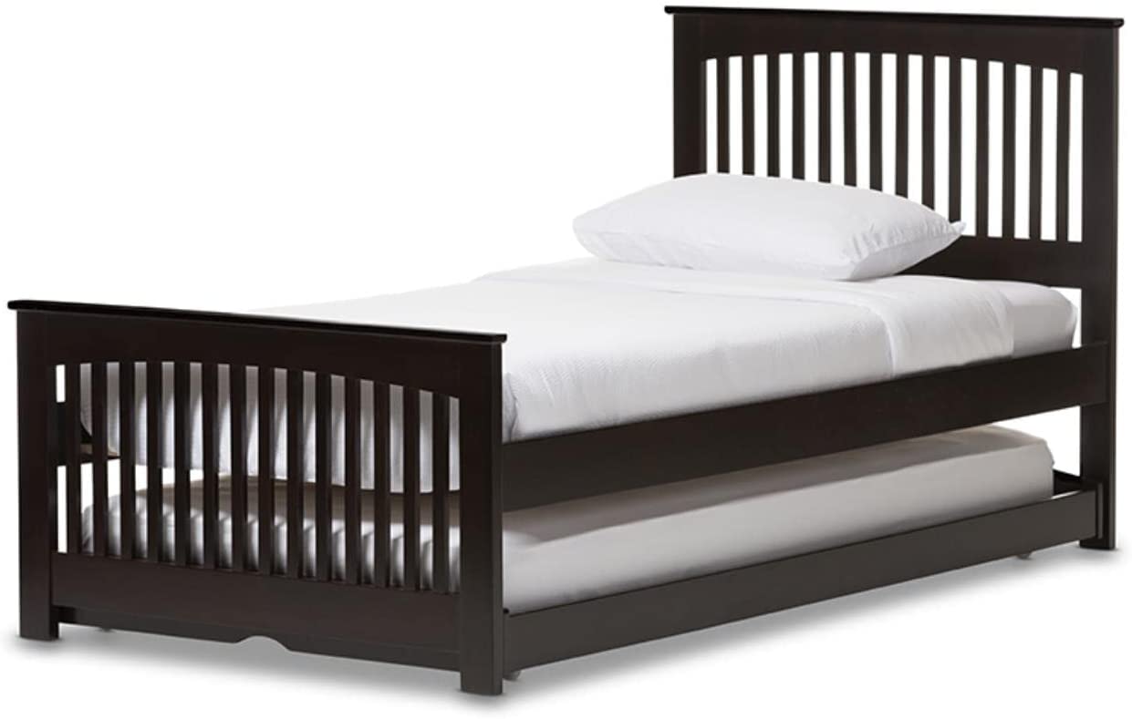 Baxton Studio Hevea Solid Wood Platform Bed with Guest Trundle Bed Twin/Dark Brown/Contemporary