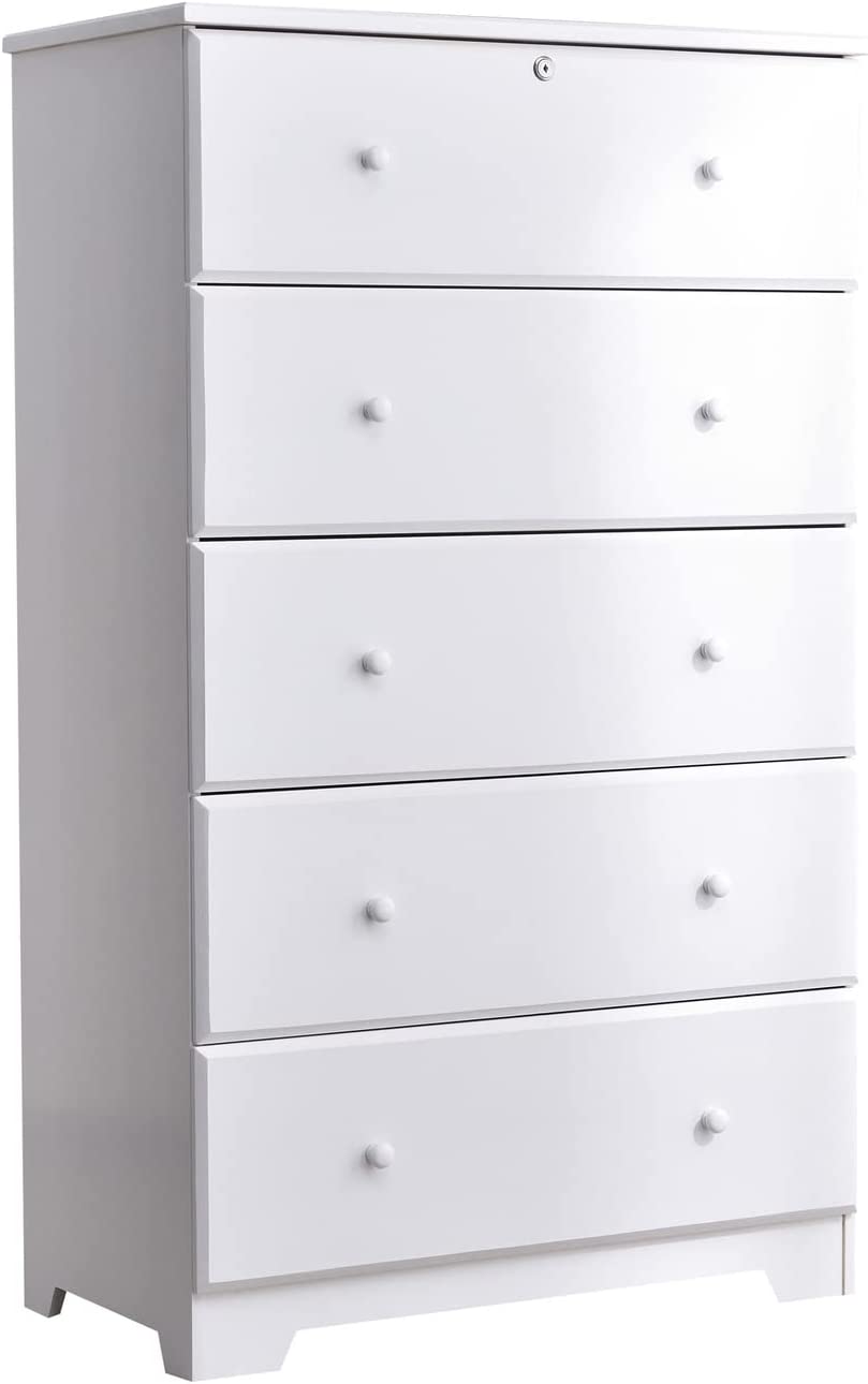 Better Home Products Isabela Solid Pine Wood 5 Drawer Chest Dresser in White