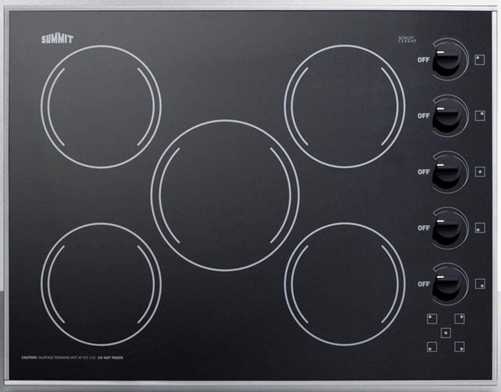 Summit Appliance CR5B273B 27&#34; Wide 230V 5-Burner Radiant Cooktop in Smooth Black Ceramic Glass Surface, Stainless Steel Trim, Push-to-turn Knobs, Indicator Lights, E.G.O. Burners