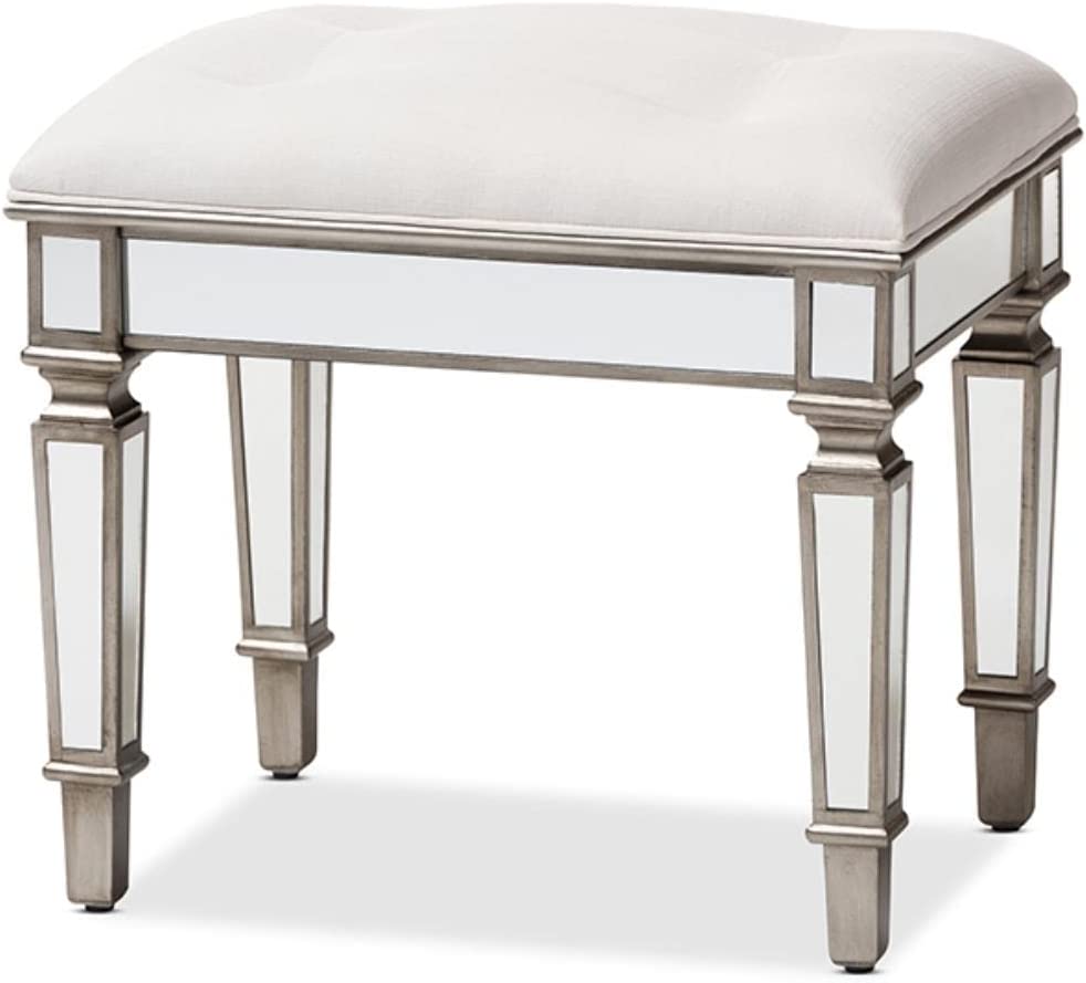 Baxton Studio Marielle Hollywood Regency Glamour Style Off White Fabric Upholstered Mirrored Ottoman Vanity Bench