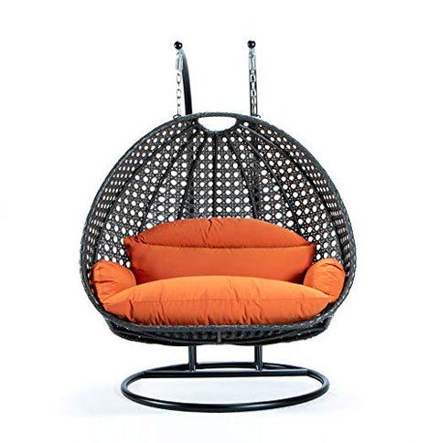 LeisureMod 2 Person Hanging Double Swing Chair, X-Large Wicker Rattan Egg Chair with Stand and Cushion for Indoor Outdoor Patio Garden (Orange)