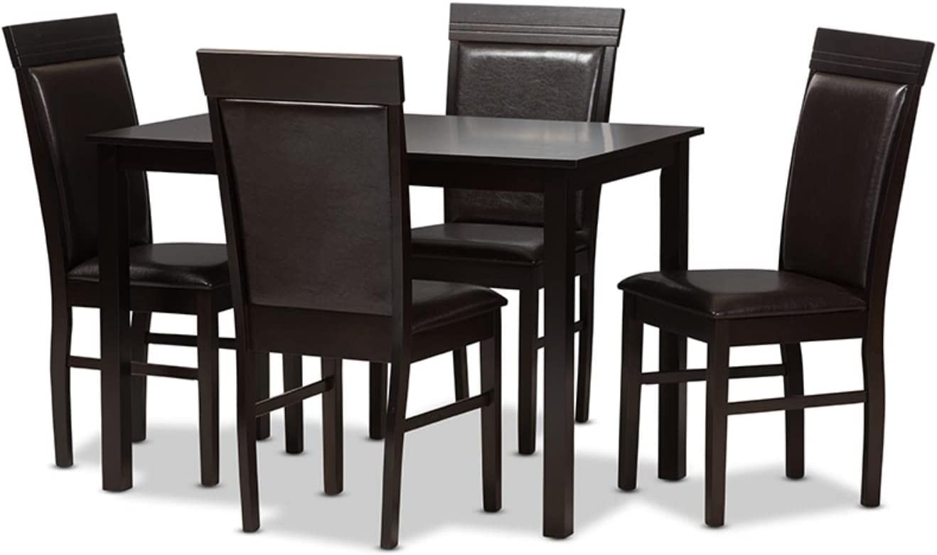 Baxton Studio Thea Modern and Contemporary Dark Brown Faux Leather Upholstered 5-Piece Dining Set Brown//Medium Wood/Contemporary/Table/Faux Leather/Solid Rubber Wood/Foam