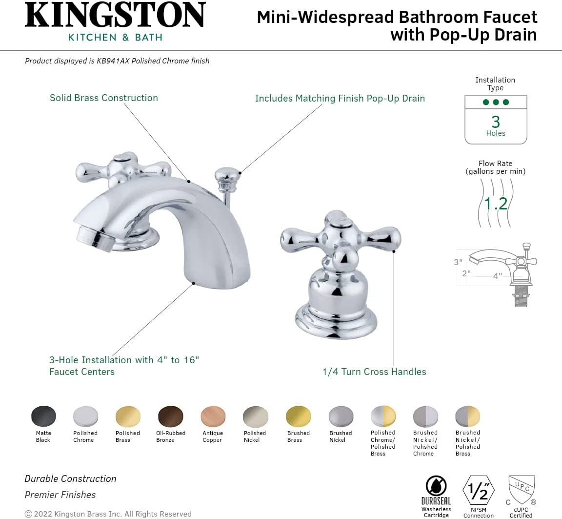Kingston Brass KB946AXPN Victorian Mini-Widespread Bathroom Faucet, Polished Nickel