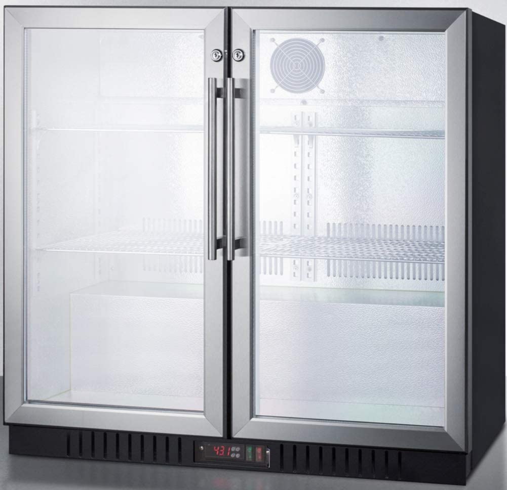 Summit SCR7012DB 36&#34;&#34; Commercially Listed Beverage Center with 7.4 cu. ft. Capacity 2 Factory Installed Lock Interior Lights Automatic Defrost and 2 Glass Doors and Stainless Steel Trim