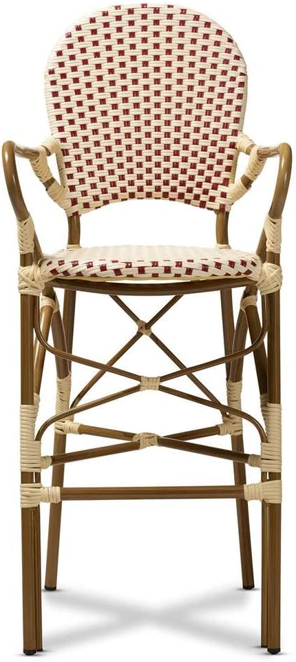 Baxton Studio Marguerite Classic French Indoor and Outdoor Beige and Red Bamboo Style Stackable Bistro Bar Stool