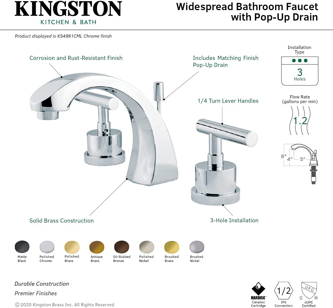 Kingston Brass KS4980CML Manhattan Widespread Bathroom Faucet, Matte Black