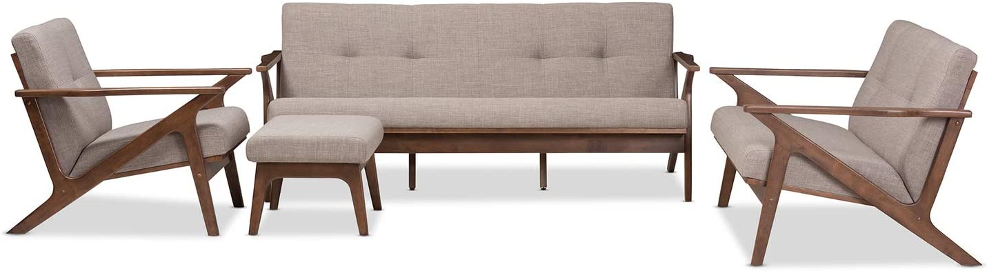 Baxton Studio Bianca Mid-Century Modern Walnut Wood Light Grey Fabric Tufted Livingroom Sofa Set