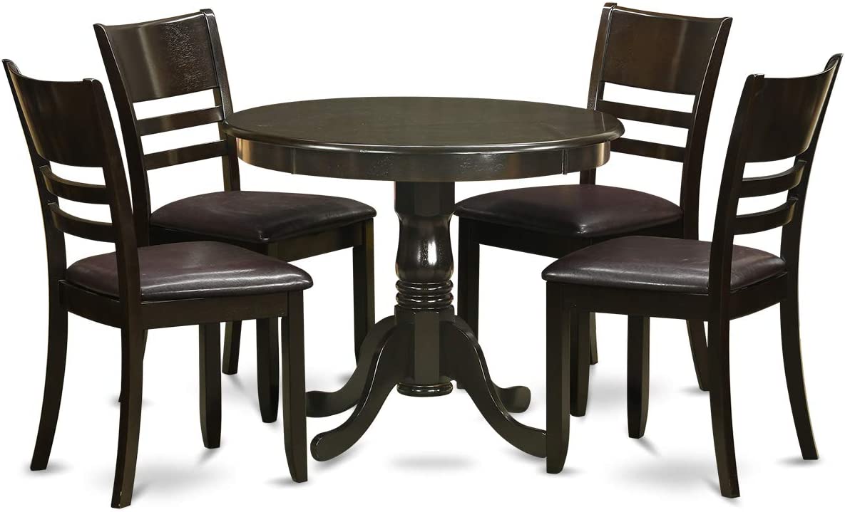 East West Furniture Dining Table Set- 4 Great Wood Dining Chairs - A Beautiful Round Wooden Dining Table- Faux Leather Seat and Cappuccino Finish Modern Dining Table